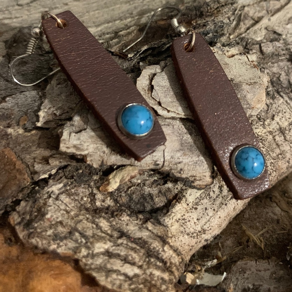 Brown Leather with Turquoise Stones Earrings